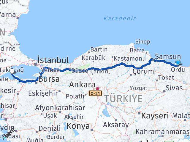 Ordu Marmara Balıkesir Arası Kaç Km - Yol Haritası