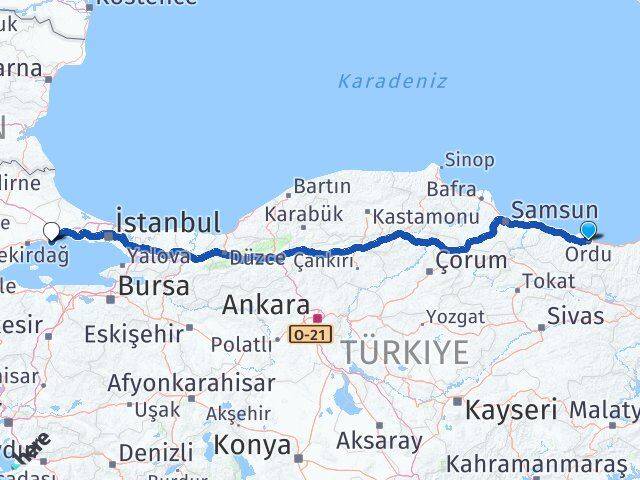Ordu Marmaraereğlisi Tekirdağ Arası Kaç Km - Yol Haritası