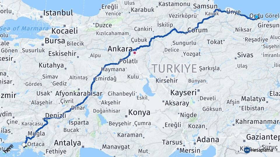 Ordu Marmaris Muğla Arası Kaç Km - Yol Haritası