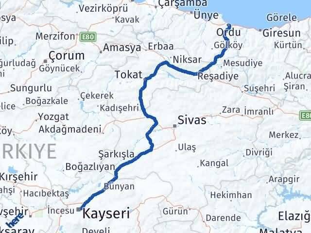 Ordu Melikgazi Kayseri Arası Kaç Km - Yol Haritası