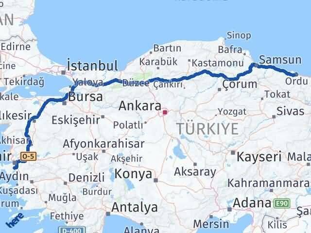 Ordu Menderes İzmir Arası Kaç Km - Yol Haritası