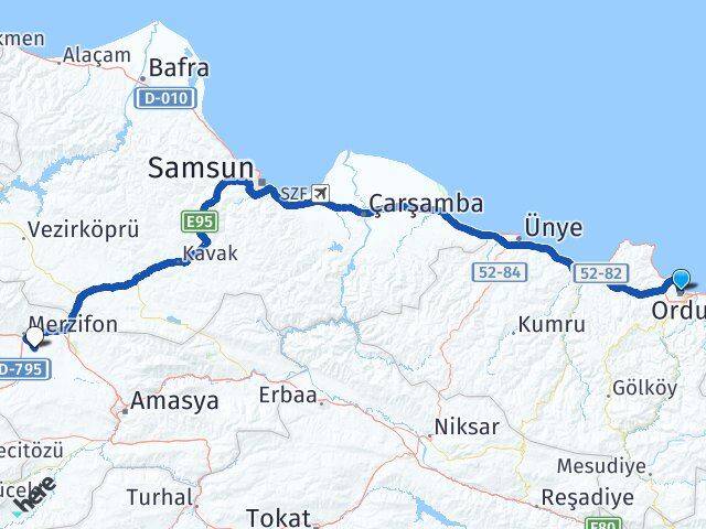 Ordu Merzifon Havalimanı Arası Kaç Km - Yol Haritası