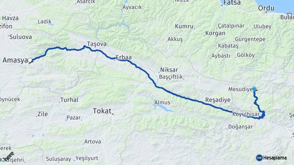 Ordu Mesudiye Amasya Arası Kaç Km - Yol Haritası
