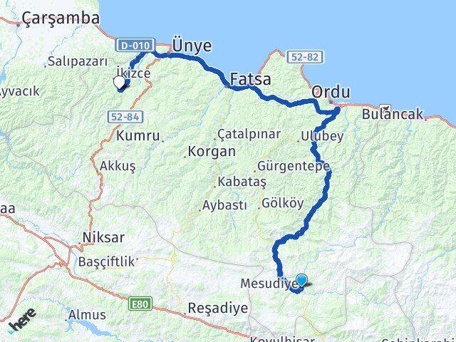 Ordu Mesudiye Çaybaşı Arası Kaç Km - Yol Haritası