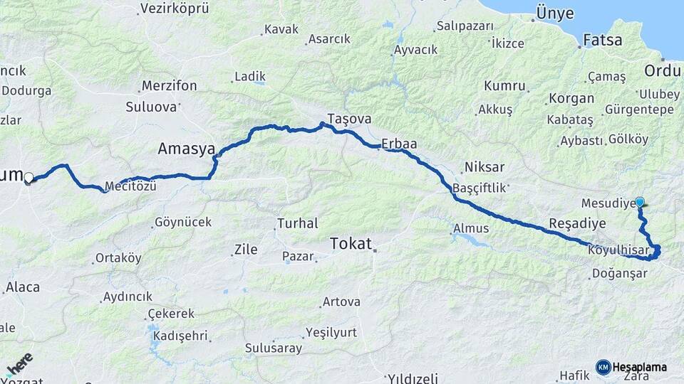 Ordu Mesudiye Çorum Arası Kaç Km - Yol Haritası