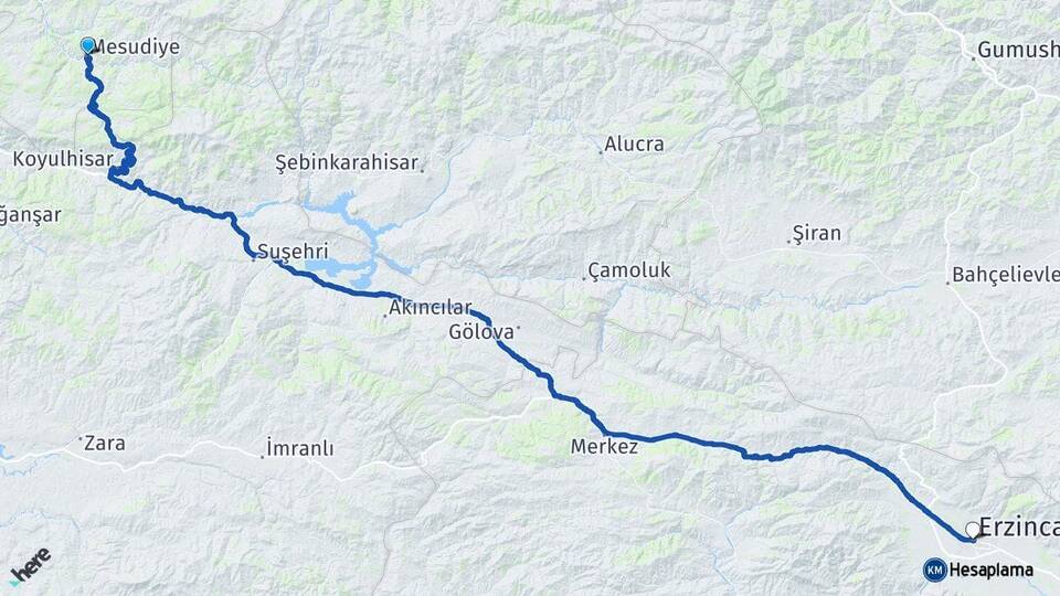 Ordu Mesudiye Erzincan Arası Kaç Km - Yol Haritası