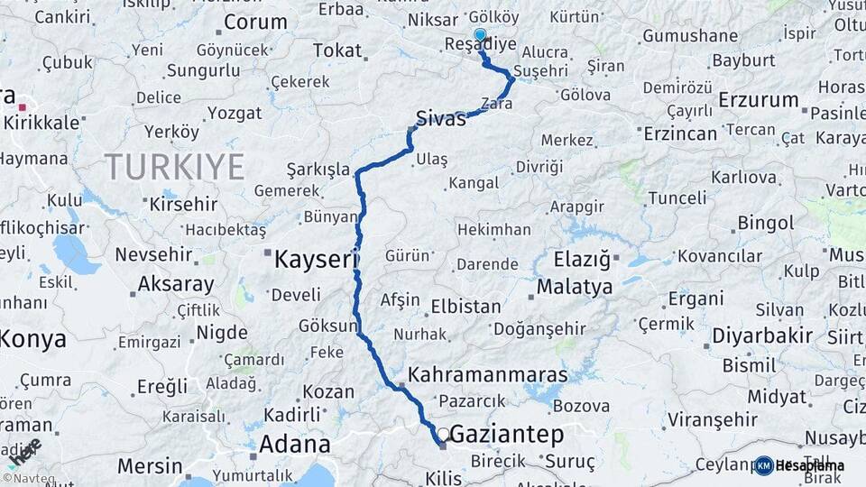 Ordu Mesudiye Gaziantep Arası Kaç Km - Yol Haritası