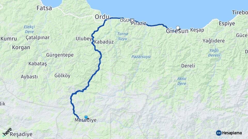 Ordu Mesudiye Giresun Arası Kaç Km - Yol Haritası