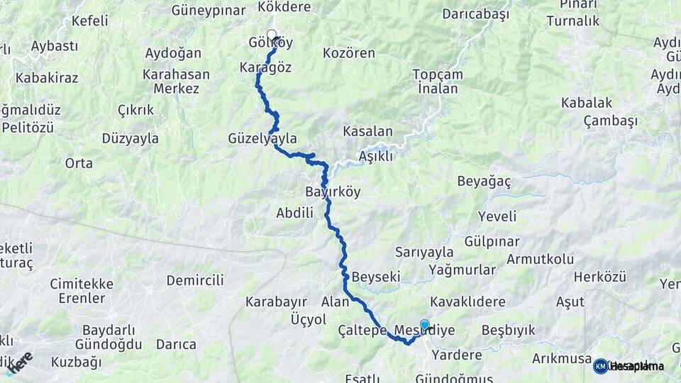 Ordu Mesudiye Gölköy Arası Kaç Km - Yol Haritası