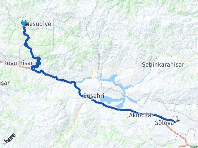 Ordu Mesudiye Gölova Sivas Arası Kaç Km - Yol Haritası