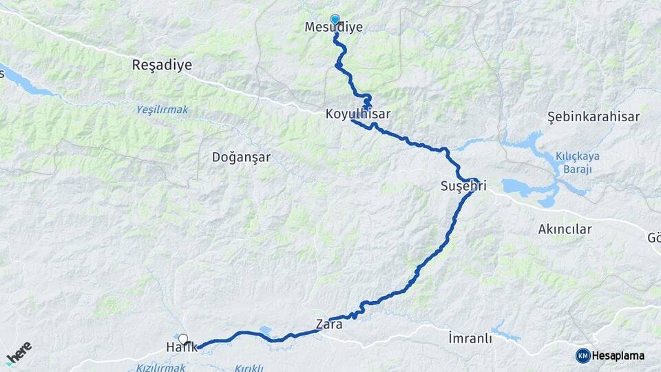 Ordu Mesudiye Hafik Sivas Arası Kaç Km - Yol Haritası