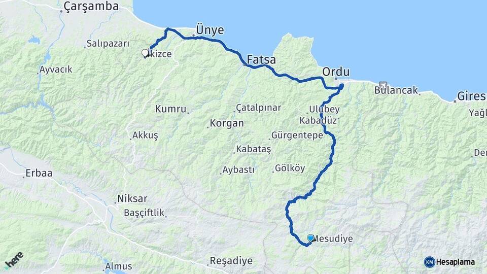 Ordu Mesudiye İkizce Arası Kaç Km - Yol Haritası