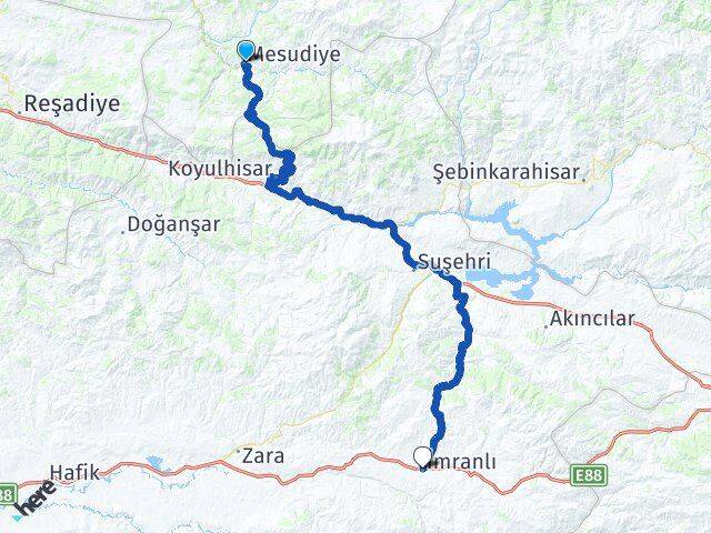 Ordu Mesudiye İmranlı Sivas Arası Kaç Km - Yol Haritası