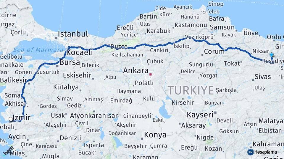 Ordu Mesudiye İzmir Arası Kaç Km - Yol Haritası
