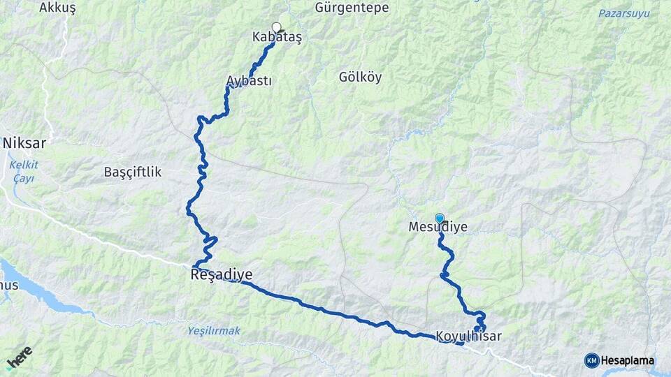 Ordu Mesudiye Kabataş Arası Kaç Km - Yol Haritası