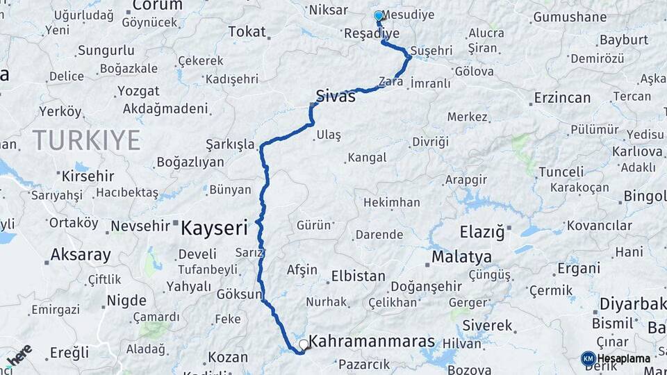 Ordu Mesudiye Kahramanmaraş Arası Kaç Km - Yol Haritası