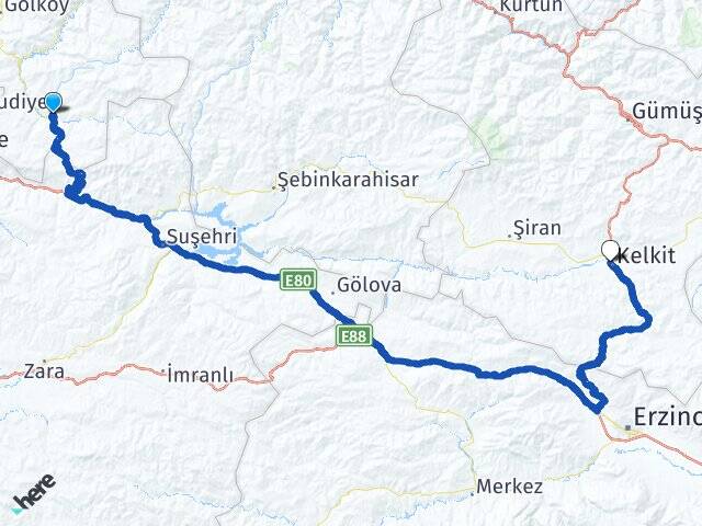 Ordu Mesudiye Kelkit Gümüşhane Arası Kaç Km - Yol Haritası