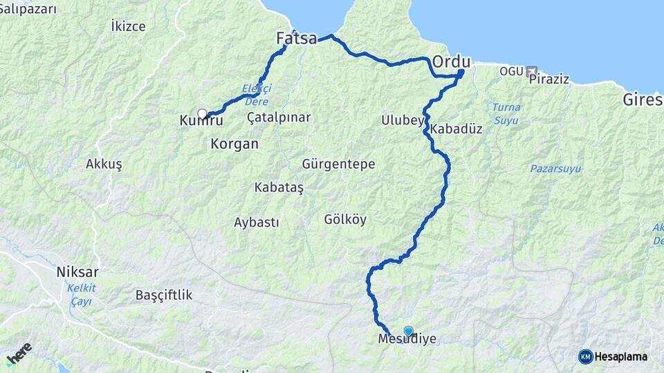 Ordu Mesudiye Kumru Arası Kaç Km - Yol Haritası
