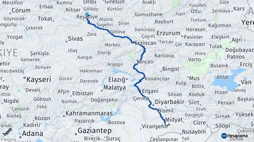 Ordu Mesudiye Mardin Arası Kaç Km - Yol Haritası
