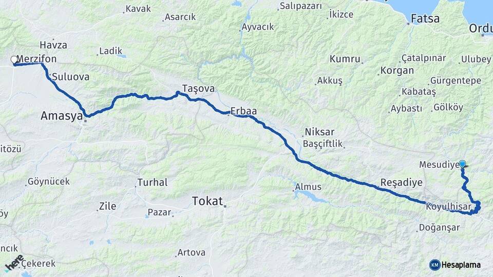 Ordu Mesudiye Merzifon Amasya Arası Kaç Km - Yol Haritası