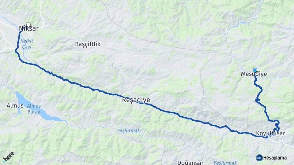 Ordu Mesudiye Niksar Tokat Arası Kaç Km - Yol Haritası