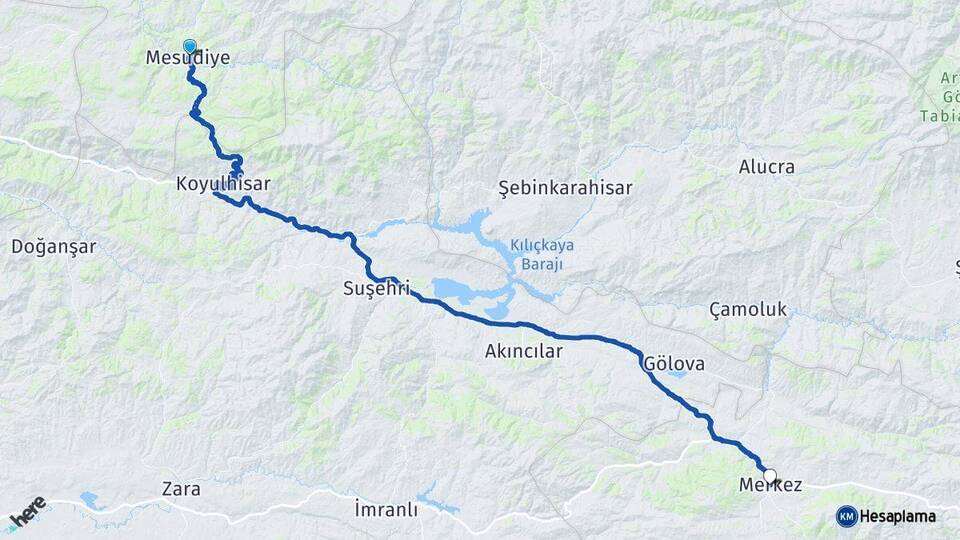 Ordu Mesudiye Refahiye Erzincan Arası Kaç Km - Yol Haritası