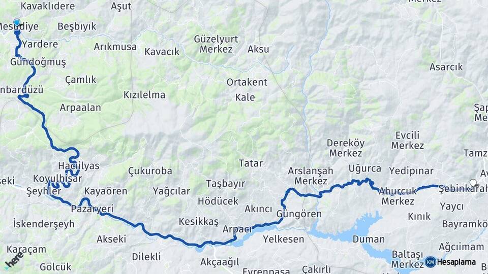 Ordu Mesudiye Şebinkarahisar Giresun Arası Kaç Km - Yol Haritası