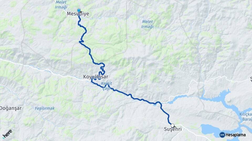 Ordu Mesudiye Suşehri Sivas Arası Kaç Km - Yol Haritası