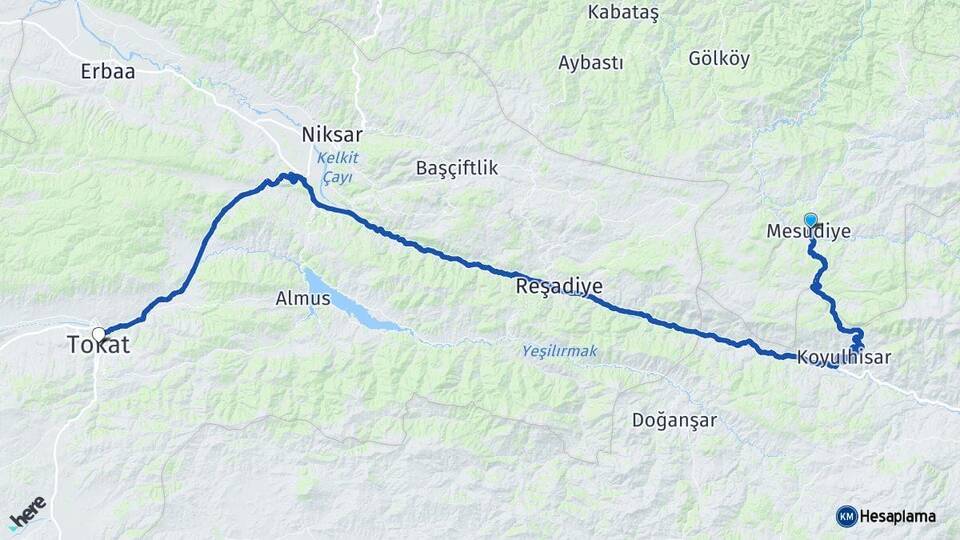 Ordu Mesudiye Tokat Arası Kaç Km - Yol Haritası