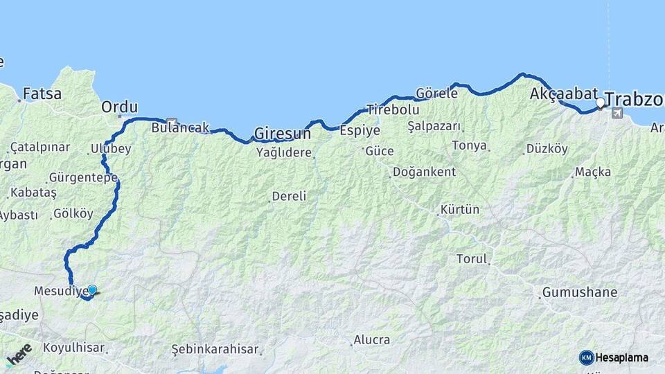 Ordu Mesudiye Trabzon Arası Kaç Km - Yol Haritası