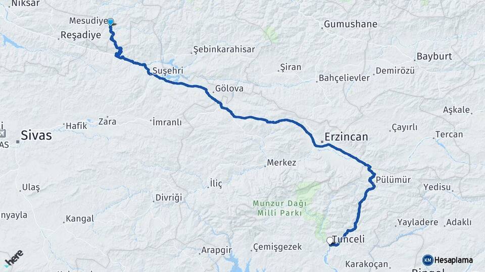 Ordu Mesudiye Tunceli Arası Kaç Km - Yol Haritası