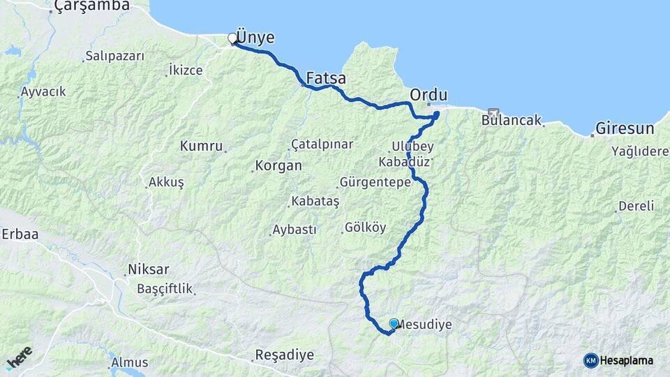 Ordu Mesudiye Ünye Arası Kaç Km - Yol Haritası