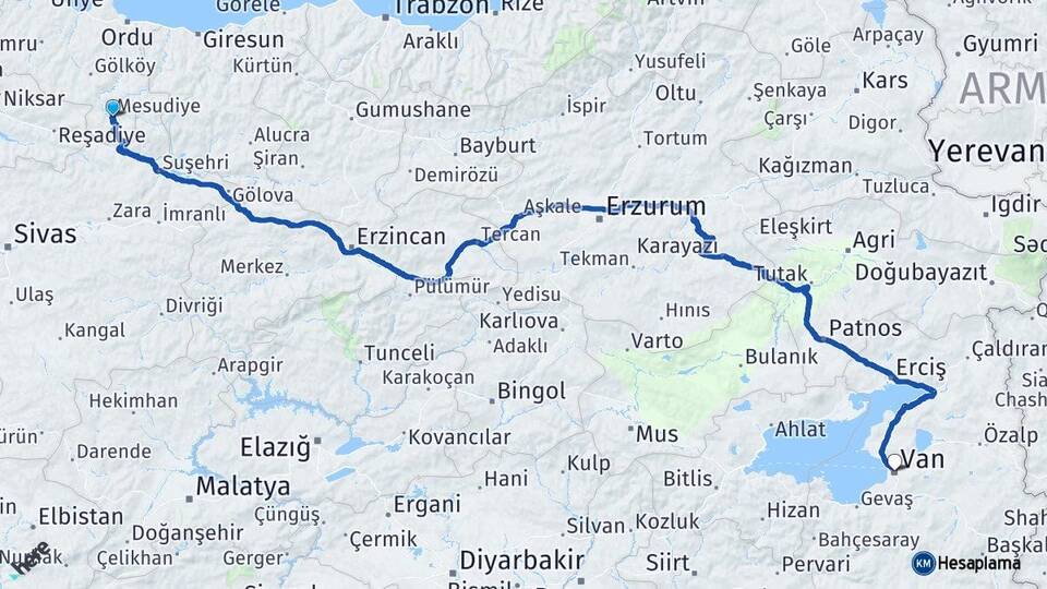 Ordu Mesudiye Van Arası Kaç Km - Yol Haritası