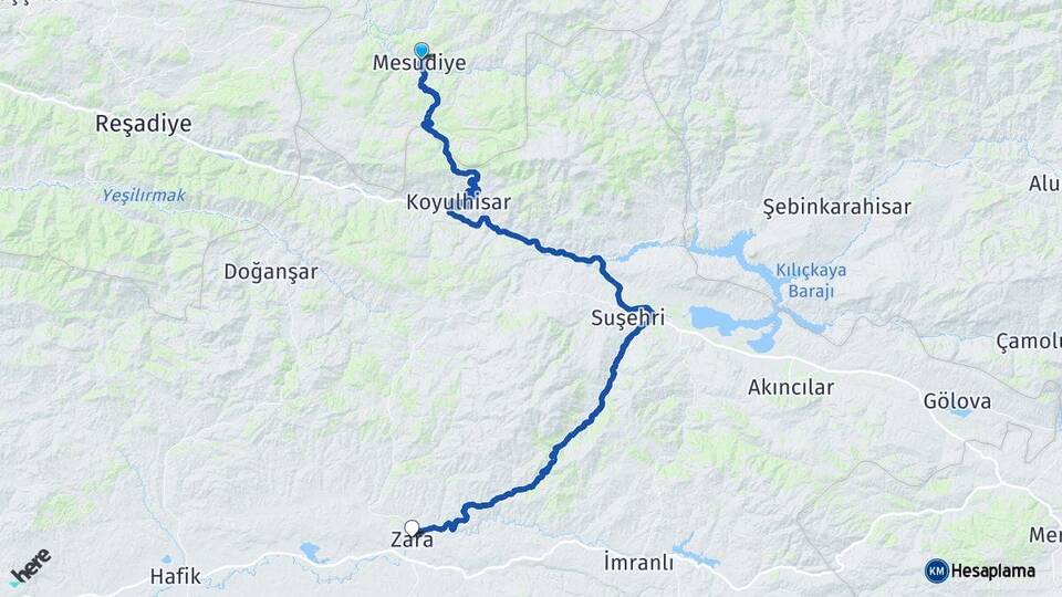 Ordu Mesudiye Zara Sivas Arası Kaç Km - Yol Haritası