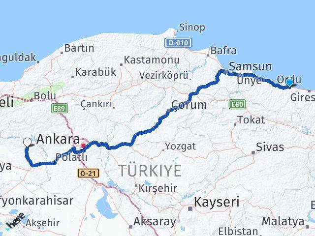 Ordu Mihalıççık Eskişehir Arası Kaç Km - Yol Haritası
