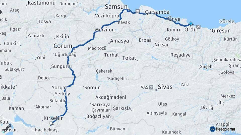Ordu Mucur Kırşehir Arası Kaç Km - Yol Haritası