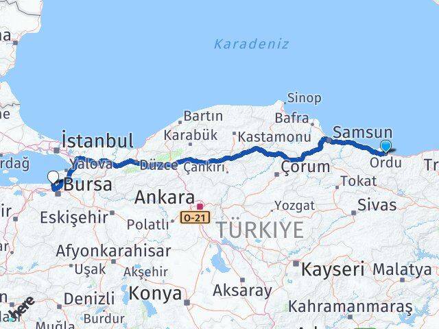 Ordu Mudanya Bursa Arası Kaç Km - Yol Haritası