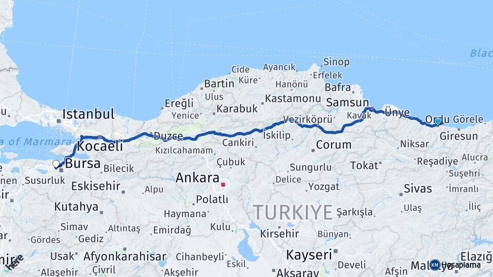 Ordu Nilüfer Bursa Arası Kaç Km - Yol Haritası