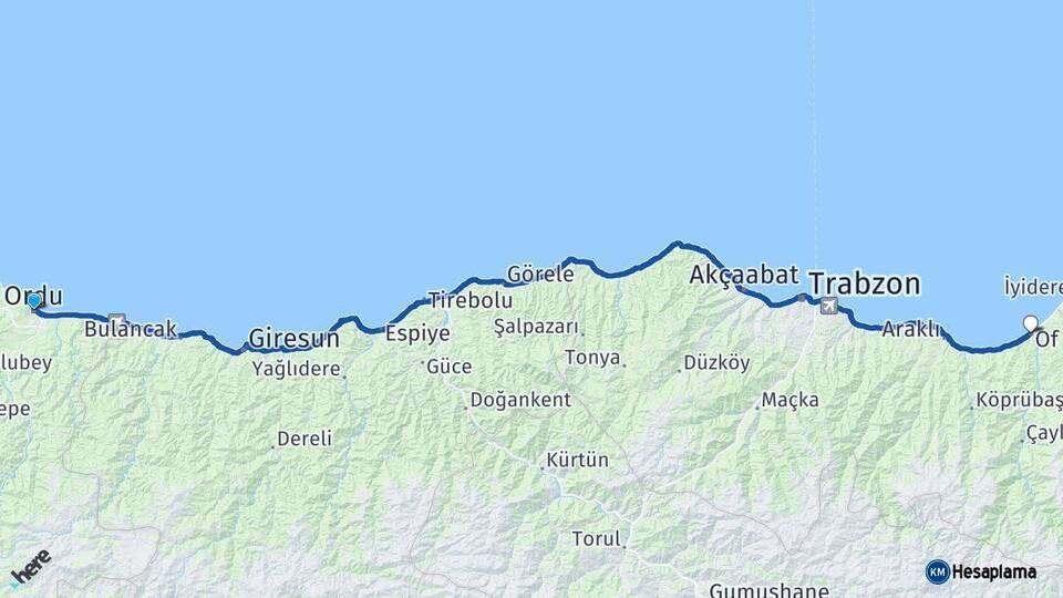 Ordu Of Trabzon Arası Kaç Km - Yol Haritası