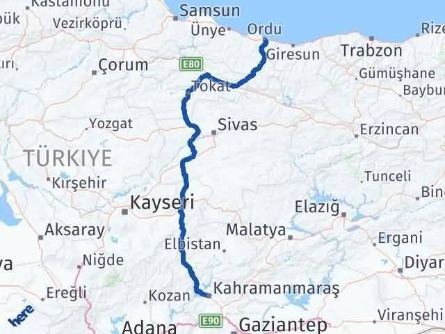 Ordu Onikişubat Kahramanmaraş Arası Kaç Km - Yol Haritası