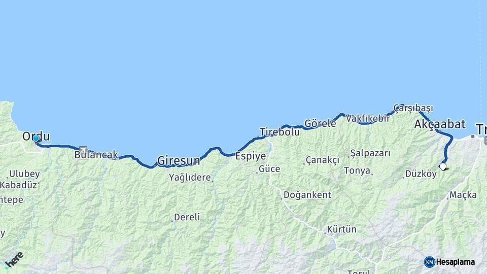 Ordu Ortahisar Trabzon Arası Kaç Km - Yol Haritası