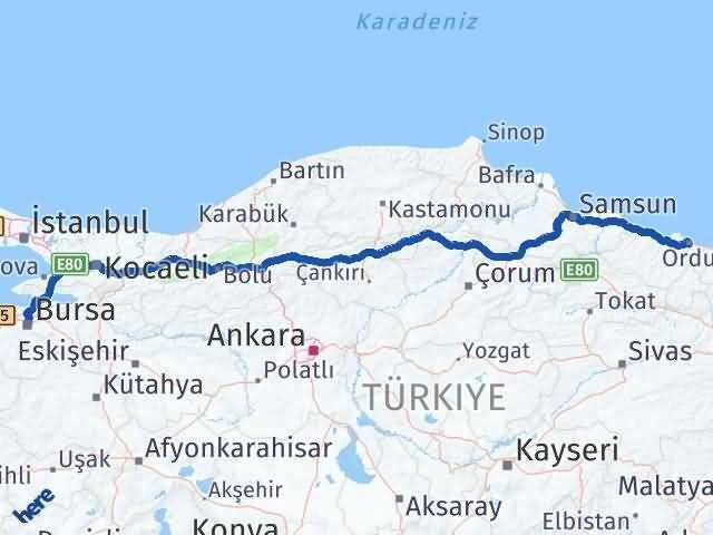 Ordu Osmangazi Bursa Arası Kaç Km - Yol Haritası