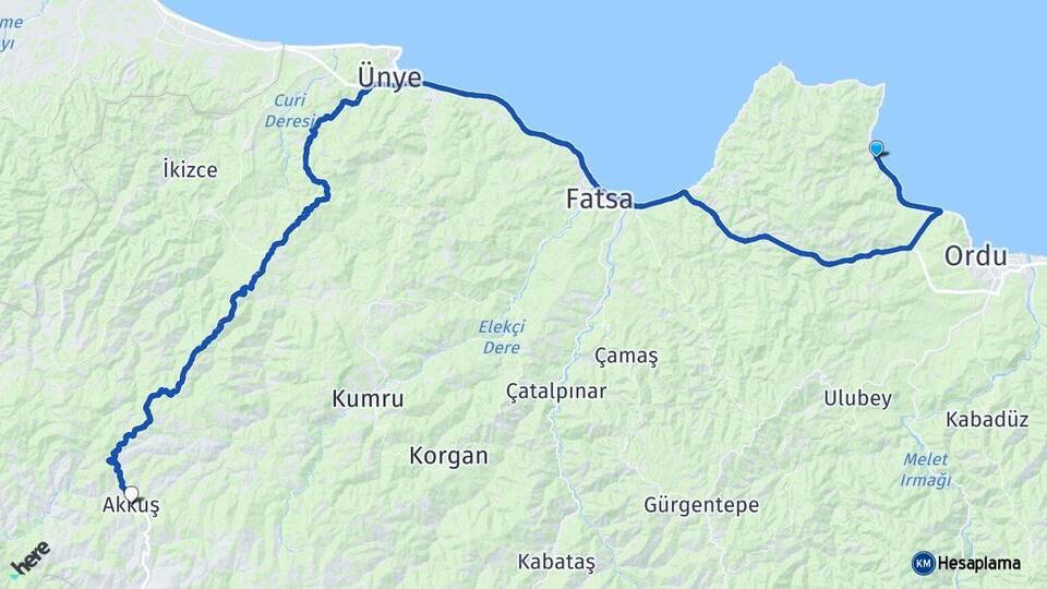 Ordu Perşembe Akkuş Arası Kaç Km - Yol Haritası