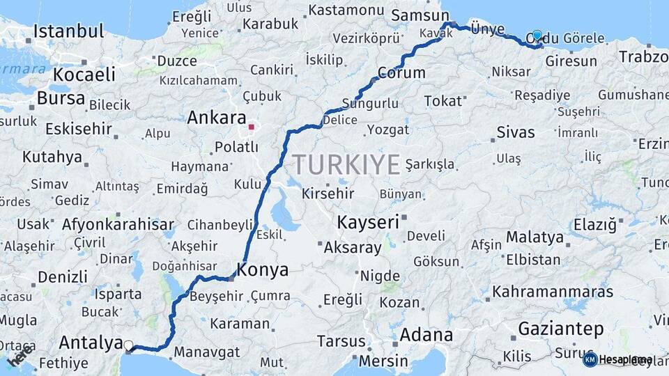 Ordu Perşembe Antalya Arası Kaç Km - Yol Haritası
