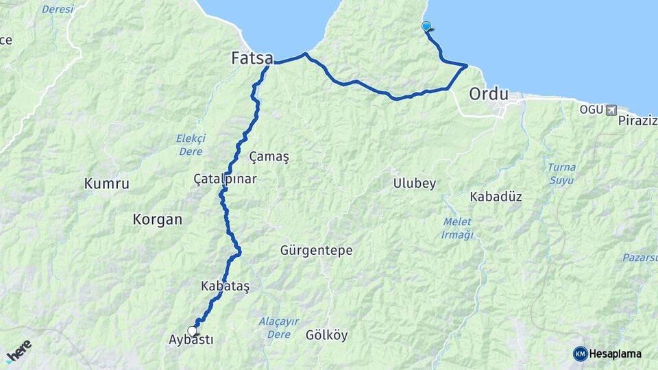 Ordu Perşembe Aybastı Arası Kaç Km - Yol Haritası