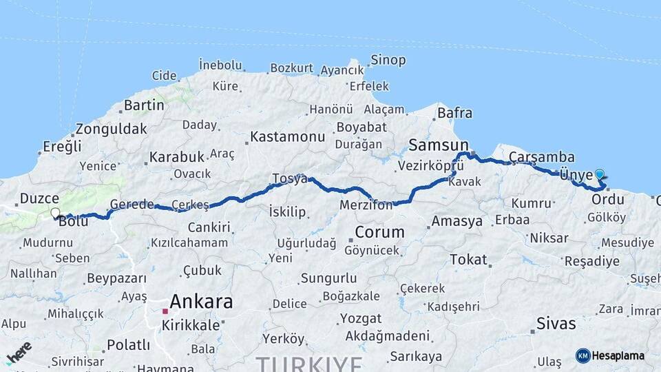 Ordu Perşembe Bolu Arası Kaç Km - Yol Haritası