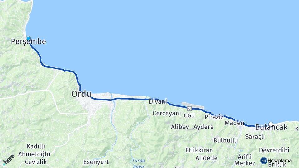 Ordu Perşembe Bulancak Giresun Arası Kaç Km - Yol Haritası