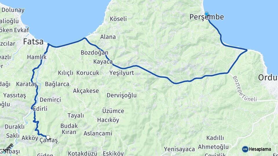 Ordu Perşembe Çamaş Arası Kaç Km - Yol Haritası
