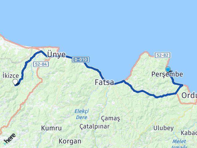 Ordu Perşembe Çaybaşı Arası Kaç Km - Yol Haritası