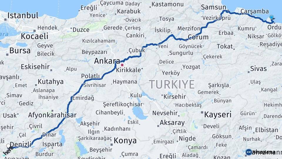 Ordu Perşembe Denizli Arası Kaç Km - Yol Haritası